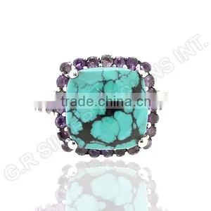 Turquoise Cushion & Amethyst Round Gemstone Ring,sterling Silver 925 Rings Wholesale Jewelry thumbnail-1