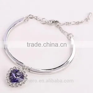 Fashion Ocean Blue Sliver Plated Crystal Rhinestone Heart Charm Bracelet Bangle thumbnail-3