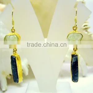 Aquamarine & Kyanite Rough Natural Gemstone Earrings, 925 Solid Sterling Silver Earrings, Designer Vermeil Dangle Earrings thumbnail-1