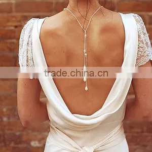 Exquisite Bridal Sexy Ctystal Pearls Back Tassesl Drop Necklace Body Chain thumbnail-1