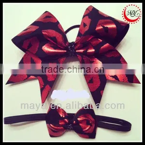 Red Foil Lips Print Over Black Cheer Bow and Headband Hair Accessory Set thumbnail-1