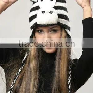 Zebra Pom Pom Knit Hat thumbnail-1