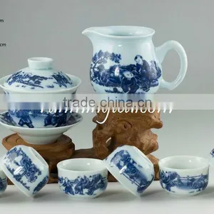 "Chinese Kids Playing" Blue & White Porcelain Teaware Set, 1 Gaiwan, 1 Pitcher & 6 Cups thumbnail-1