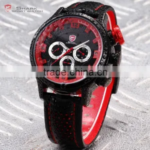 SHARK Date Day Display Stainless Steel Case Genuine Leather Strap Black Red Quartz Men's Sports Watch thumbnail-1