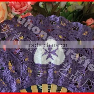 Purple Embroidery Lace Bamboo Wedding Fan thumbnail-2