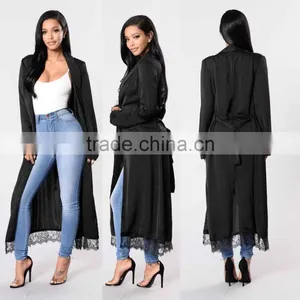 Outwear Casual Cover up Women 100% Polyester Light Weight Mock Pockets Lace Trim Hem Long Sleeve Duster Jacket thumbnail-1