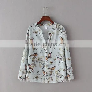 The Spring Summer Ladies Tops Socialite Retro Birds Digital Printing Long Sleeve Chiffon Blouse for Women thumbnail-2