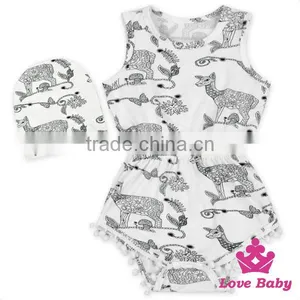 2LLY-090 Lovebaby Latest Sleeveless Printed Animals Pattern Summer Pom Pom Romper With Baby Hatbaby Jumpsuit Designs thumbnail-6