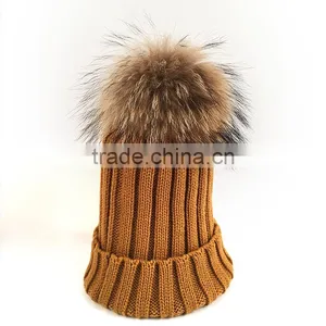Myfur Detachable Natural Raccoon Fur Pompom Knit Hat Wholesale Winter Cap thumbnail-1