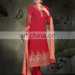 Red Colored Georgette Suit. thumbnail-1