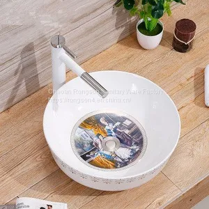 Round Shape Countertop Ceramic Bathroom Sanitary Ware Bowl Sinks With Decal thumbnail-1
