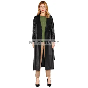 Women Long Body Lambskin Black Full Body Trench Leather Coat thumbnail-1