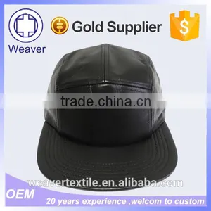 Blank China Good Wholesale Black Leather Strap Faux Leather 5 Panel Hat Manufacture thumbnail-1