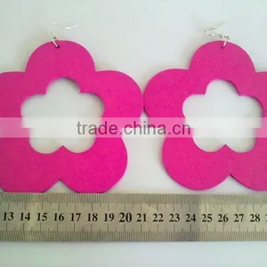 Hot Pink Wood Flower Dangle Earrings Large Wood Hoop Earring thumbnail-1
