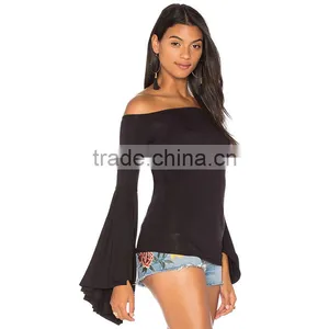 100% Rayon Solid Color Black Bell Sleeve off Shoulder Bardot Top thumbnail-3