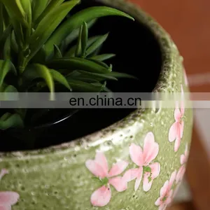 Novel Garden Supplies Flower Pattern Custom Cheap Fancy Green Unique Plants Pots Ceramic for Indoor Veranda thumbnail-4
