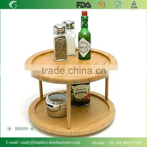 Natural Bamboo 2 Tier Round Cake Turntable Stand For Spice, Or Serving Turning Tray thumbnail-1