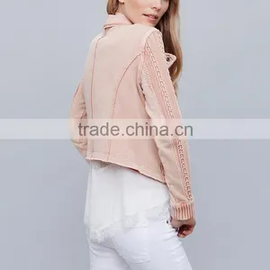 New Arrivals Autumn Winter Cropped Crochet Moto Ruffled Fashion Pink Jacket Girls thumbnail-3