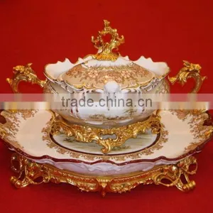 Luxury Royal Style Gilt Brass Soup Pot, Excellent Hand Painted Porcelain With Gold Plated Bronze Handle and Base Stockpot thumbnail-2