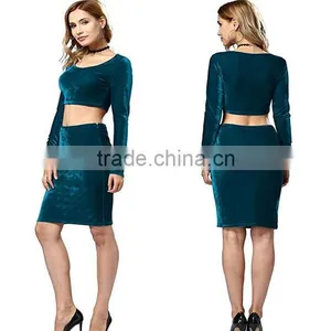 Dropshipping Apparel 2017 Latest Fashion Women's Pleuche Sexy Bodycon Crop Top Midi Skirt Dress 2 Piece Outfit Set thumbnail-1