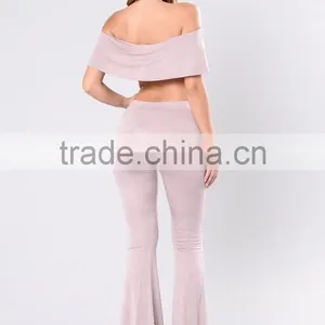 Bundle Clothing Manufacturer Off Shoulder Cropped Top And Flared Wide Leg Ruffle Pants Two Piece thumbnail-5