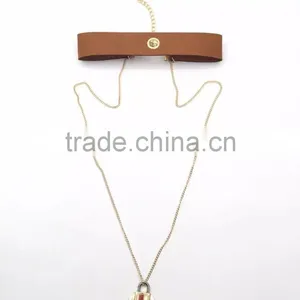 Simple Brand Leather Choker With Locket Pendant Long Chain Necklace thumbnail-5