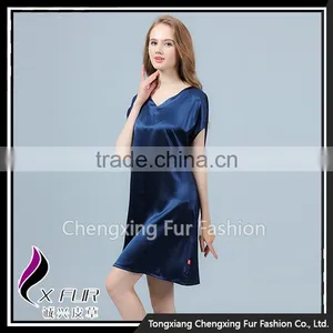 CXVLYQO1 Luxury Women's Pure Silk Skirt Night SNavy Blue Short Sleeve V-neck Pajamas thumbnail-2