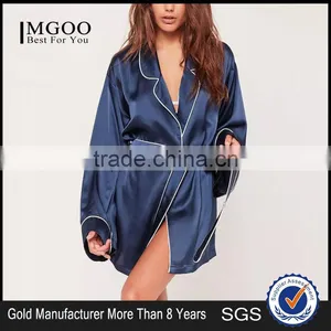 2017 New Arrival Pyjamas Kimono Silk Robe Navy Contrast Piping Embroidered Logo Shirt Dress With Tie Waist thumbnail-1