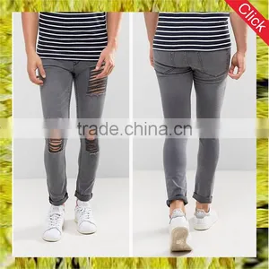 New Style Custom Men's Skinny Jeans Pants With Extreme Rips in Grey Wash thumbnail-1