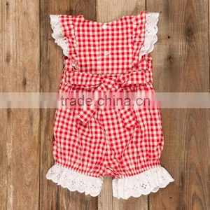 Girls Red Check Lace Bubble 4th of July Romper For Baby Kids thumbnail-2