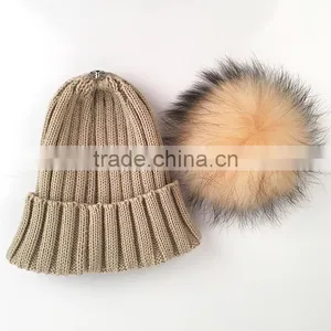 Myfur Wool Blend Knitted Beanie Hat With Matched Color Real Raccoon Fur Ball thumbnail-3