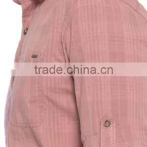 Pink Check Super Skinny Sheer Long Sleeve Buttonless Khaki Men Shirt thumbnail-4