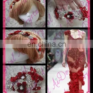 Aidocrystal Red Vintage Lace Wedding Hairpiece, Ivory Lace Bridal Hair Accessories, Rhinestone Headband With Pearl thumbnail-1