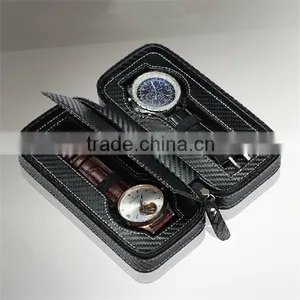 Custom 2 Slot Carbon Fiber/ Leather Travel Watch Storage Box With Zipper thumbnail-1