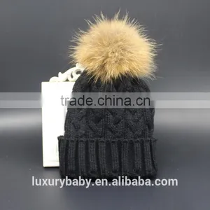 Black Color Wool Hats With Fur Balls Raccoon Fur Pompoms Hat thumbnail-1