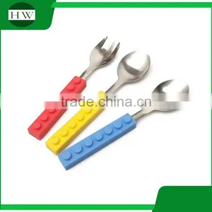 Mini Portable Stainless Steel Silicone Building Block Knife Fork Spoon Ladle Scoop Dishware Dinnerware Tableware Set thumbnail-1