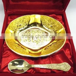 Promotional Gift, Corporate Gift, Beautiful Wedding Gift Gold Plated Brass Bowl Spoon Set thumbnail-3
