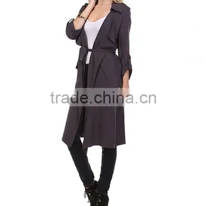Fashion Modern Apparel Women Trendy Turkey 3/4 Sleeve Plain Spring Winter Coat Charcoal Sheer Trench Long Coat thumbnail-3