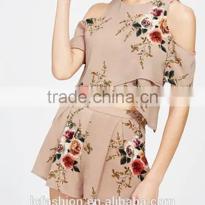 Two Piece Set Women Clothing Floral Print Cold Shoulder Crop Split Top With Shorts thumbnail-4