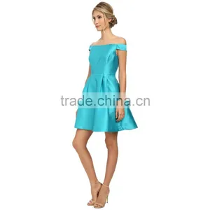 One-line Shoulder Plain Blue Short Bridesmaid Dress With Zipper thumbnail-3