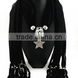 High End Handmade Crystal Five Point Star Pendant Collar Scarves Elegant Black Wrap Scarves Winter Warm Jewelry Scarves thumbnail-1