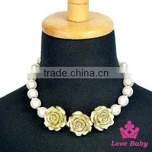 Wholesale Fashion Children Jewelry Pearl Golden Rose Flower Kid Pendant Necklace thumbnail-1