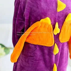 Purple Dinosaur Cartoon Flannel Conjoined Polyester Children Pajamas thumbnail-1