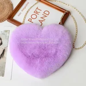 012New Plush Faux Fur Winter Tote Chain Crossbody Bag Small Cute Heart Sharp Tote Pink Red Black Purse thumbnail-1