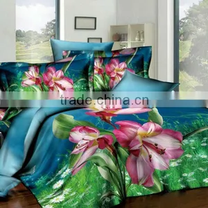 3D Reactive Dye Pink Flower Print Blue & Green Color Bedding Cotton Duvet Cover Bed Set thumbnail-2