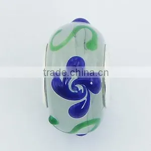 Handmade Murano Glass Bead Blue Flowers Green Twirls Relief thumbnail-1