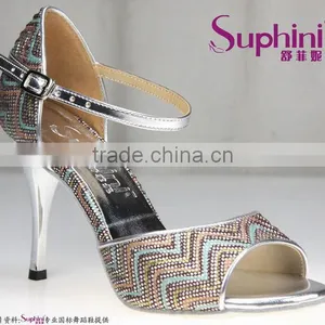 Suphini New Designer Silver Glitter White Satin Elegance Tango Dance Shoes thumbnail-3