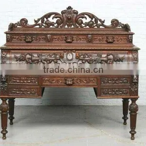Wood Carved Vintage Antique Writing Table thumbnail-1