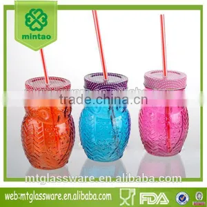14oz Colorful Glass the Owl Shape Mason Jar With Lid and Straw thumbnail-1