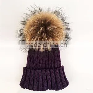 Myfur Wool Knitted Beanie Hats With Natural Color Raccoon Fur Pom Pom thumbnail-2